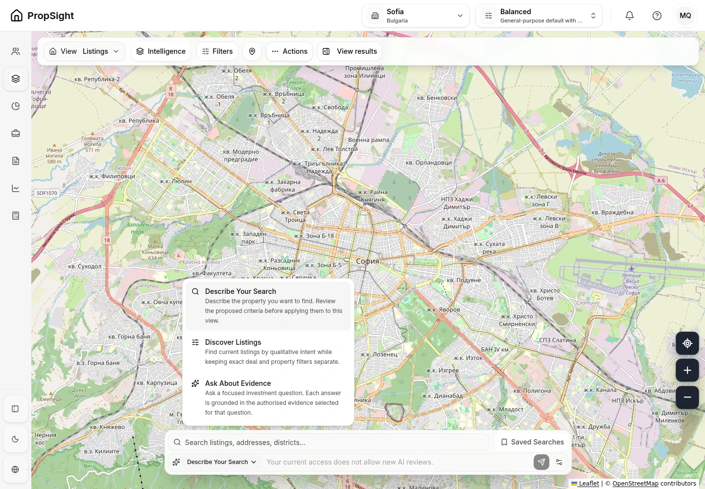 English PropSight listings workspace with the expanded AI search dock, map and search controls.