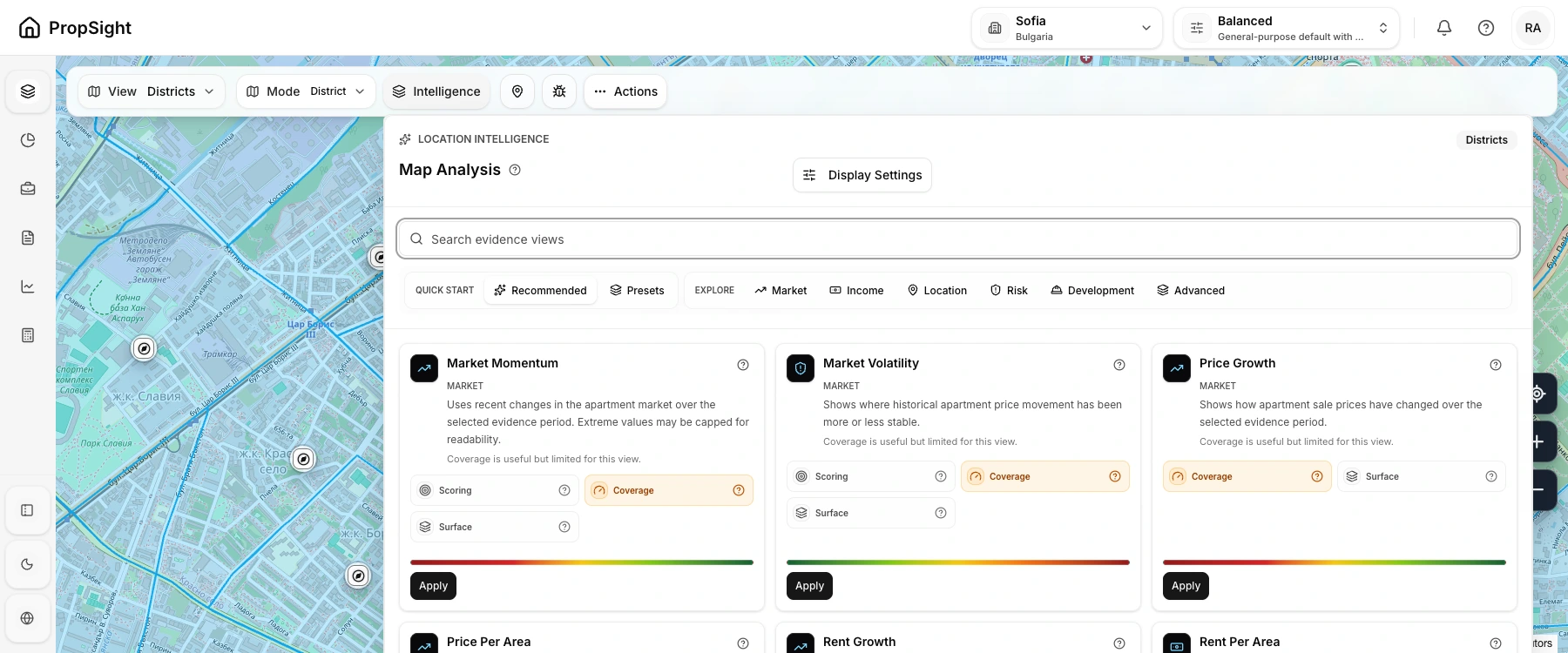 Real PropSight intelligence panel with a view search, market, income, location, risk and development categories and evidence-availability indicators.