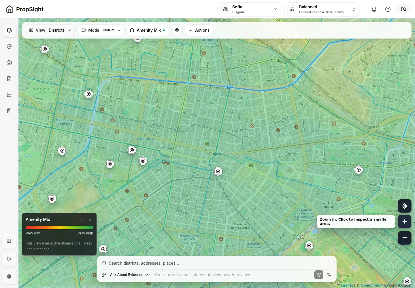 Real PropSight map of Sofia showing the amenity view, district boundaries, legend, directional-evidence note and OpenStreetMap attribution.