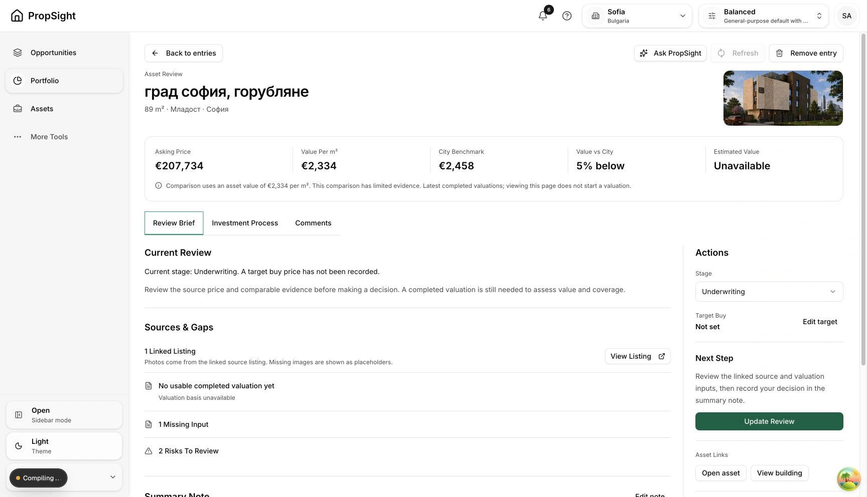 Original property review for an 89 square metre Sofia listing, with a €207,734 asking price. The limited area comparison is 5% below its benchmark; an estimated valuation is unavailable.