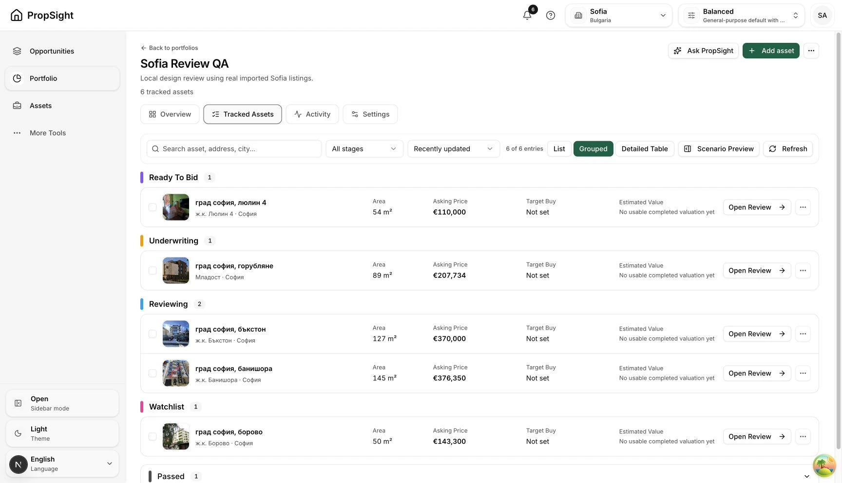 Original Sofia research workspace with six saved properties grouped by review stage. Asking prices and targets are kept alongside each listing; completed valuations are unavailable.
